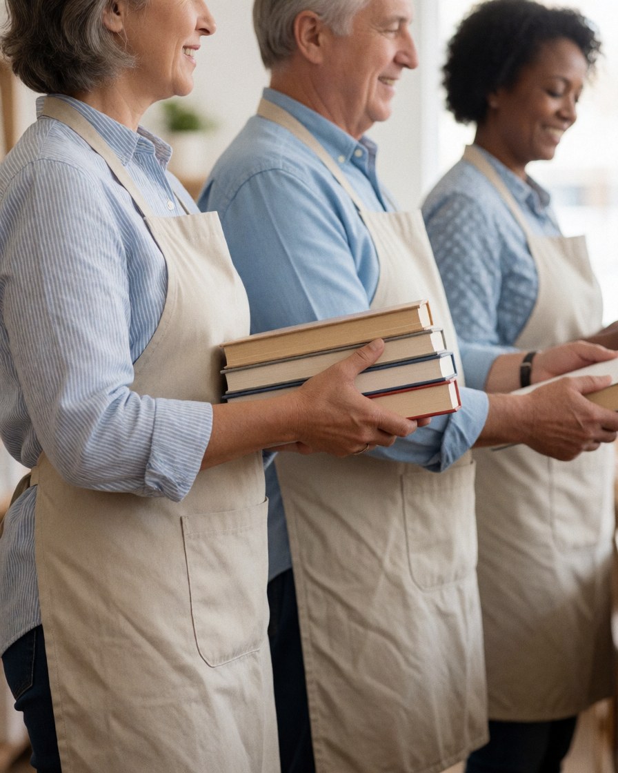 Trois employés de libraire en tabliers prêts à travailler parmi les livres