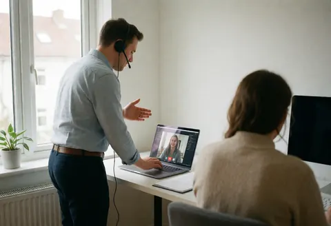 Un homme debout porte un casque pour une réunion vidéo dans un bureau lumineux, tandis qu'une femme apparaît sur l'écran de son ordinateur portable.