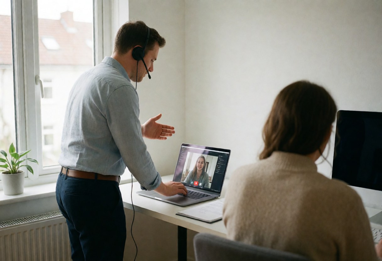 Un homme debout porte un casque pour une réunion vidéo dans un bureau lumineux, tandis qu'une femme apparaît sur l'écran de son ordinateur portable.