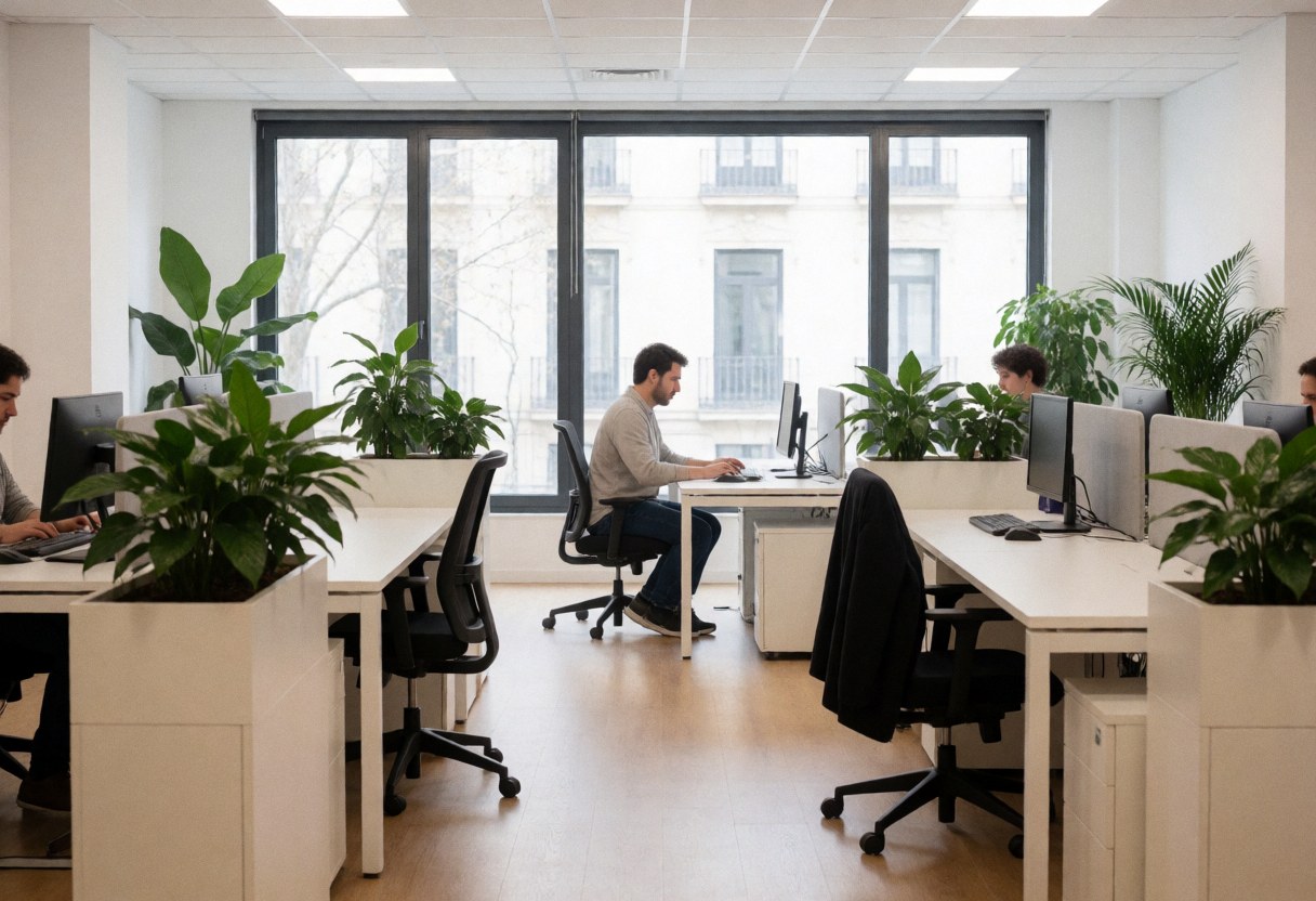 Vue d'un espace de coworking contemporain équipé de bureaux, de chaises ergonomiques, de plantes vertes et de grandes fenêtres laissant entrer la lumière.