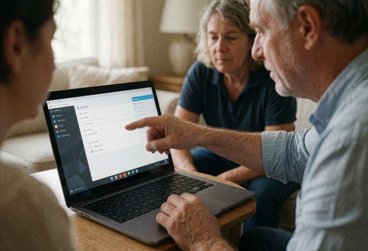 Un professionnel explique une interface logicielle sur un ordinateur portable pendant une visioconférence dans un salon, avec un client attentif et un spectateur en arrière-plan.