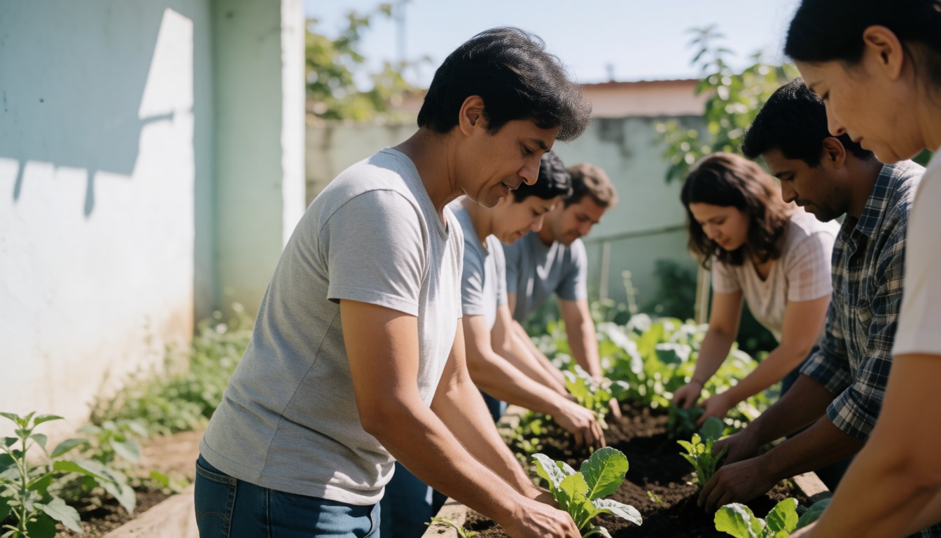 Groupe de personnes cultivant des végétaux en plein air sous le soleil, collaborant ensemble pour entretenir un espace vert communautaire.
