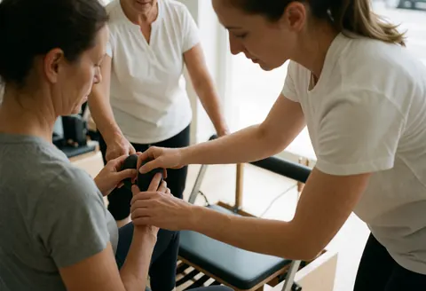 Instructrice de pilates corrigeant la posture d'une cliente sur un reformer dans un studio, une autre femme observe en arrière-plan, lumière naturelle, ambiance professionnelle.
