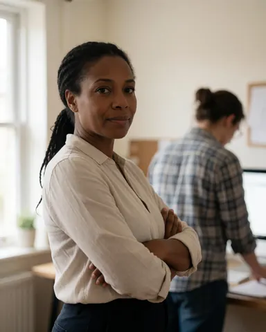 Une femme professionnelle les bras croisés regardant l'objectif dans un bureau à domicile avec une personne travaillant en arrière-plan.