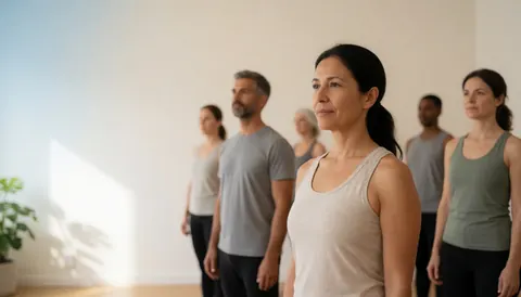 Séance de yoga en cours dans un studio lumineux avec des plantes et un fond blanc gris vert noir.
