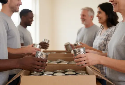 Des volontaires souriants empilent des conserves dans des cartons lors d'un événement communautaire, avec une ambiance chaleureuse et professionnelle.