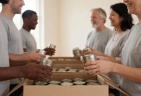 Des volontaires souriants empilent des conserves dans des cartons lors d'un événement communautaire, avec une ambiance chaleureuse et professionnelle.