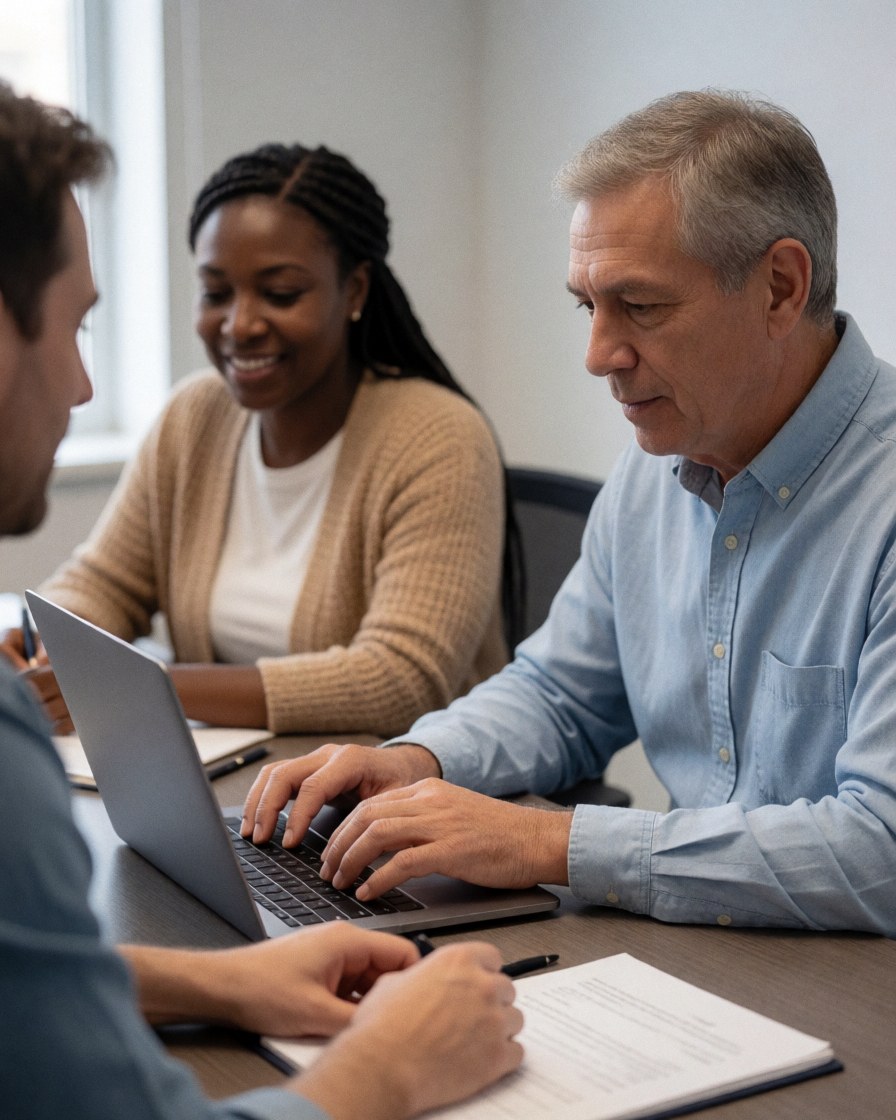 Une cliente heureuse utilise un ordinateur portable à son bureau pour travailler efficacement.