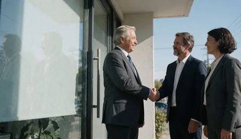 Trois professionnels en costume échangent une poignée de main devant l'entrée vitrée d'un immeuble moderne sous un ciel bleu, symbolisant confiance et collaboration.