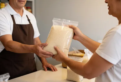 Un employé de magasin remet un sac de riz à un client dans un minimarket, sur fond gris clair.
