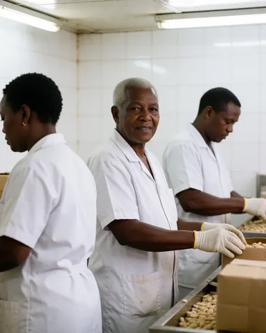 Trois employés en uniforme blanc et gants traitent des fèves de cacao sur une ligne de production dans une usine aux murs blancs.