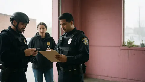 Trois agents de sécurité en uniforme inspectent un bâtiment à murs roses. L'un note sur un papier, un autre consulte son téléphone et le troisième observe la scène.