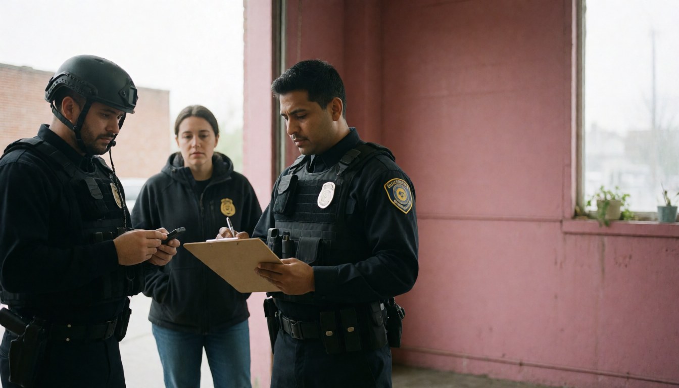Trois agents de sécurité en uniforme inspectent un bâtiment à murs roses. L'un note sur un papier, un autre consulte son téléphone et le troisième observe la scène.