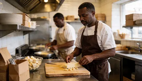 Un cuisinier coupe du fromage sur une planche en bois dans une cuisine de restaurant, tandis qu'un autre travaille en arrière-plan flou.