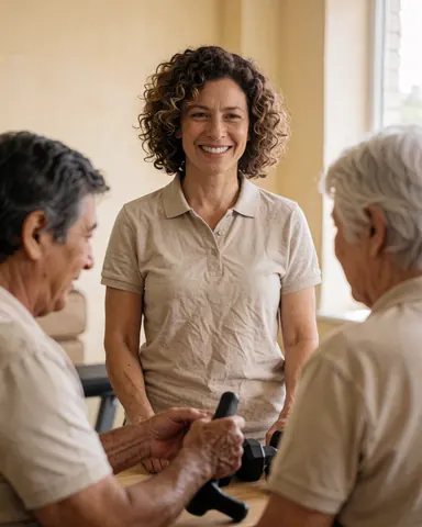 Une entraîneuse montre du matériel de fitness à des clients dans un gymnase lumineux aux murs beige, où des personnes de tous âges travaillent ensemble.