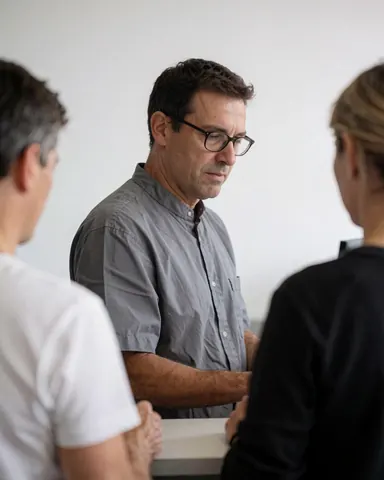 Une réceptionniste en uniforme accueille un client au bureau d'accueil du gymnase, dans un environnement professionnel et épuré.