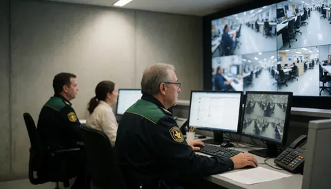 Trois personnes en uniforme travaillant dans une salle de contrôle avec plusieurs écrans de surveillance, des murs en béton et un éclairage de bureau.