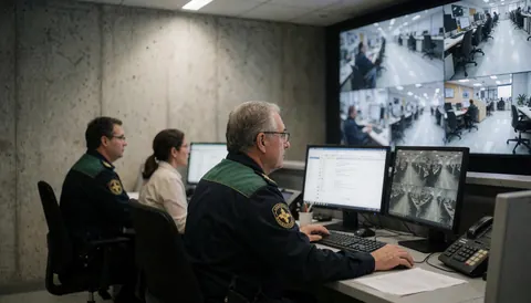 Trois personnes en uniforme travaillant dans une salle de contrôle avec plusieurs écrans de surveillance, des murs en béton et un éclairage de bureau.