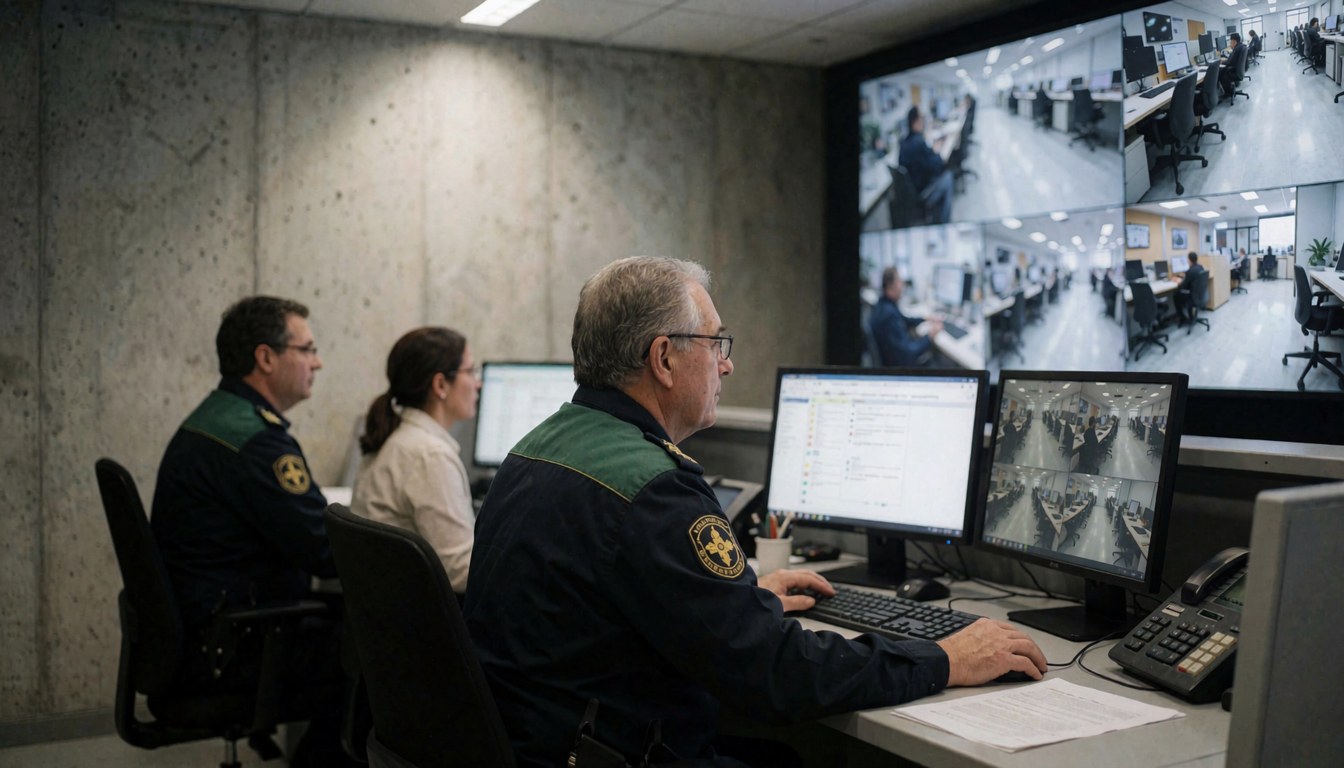 Trois personnes en uniforme travaillant dans une salle de contrôle avec plusieurs écrans de surveillance, des murs en béton et un éclairage de bureau.