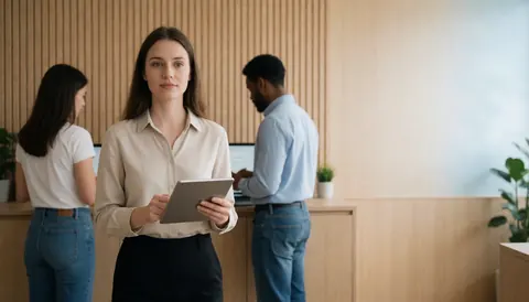 Une femme tient une tablette dans un bureau aux murs en bois, avec deux collègues travaillant en arrière-plan, créant une ambiance professionnelle et épurée.