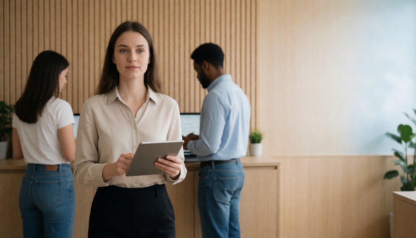 Une femme tient une tablette dans un bureau aux murs en bois, avec deux collègues travaillant en arrière-plan, créant une ambiance professionnelle et épurée.