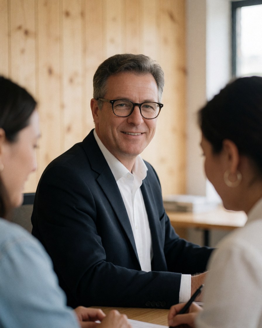 Un recruteur portant des lunettes et un costume est assis à une table avec deux personnes dans un bureau moderne aux murs en bois, baigné d'une lumière douce.