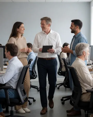 Un dirigeant traverse un espace de travail moderne avec une tablette, interagissant avec des collaborateurs assis et debout dans une ambiance dynamique.