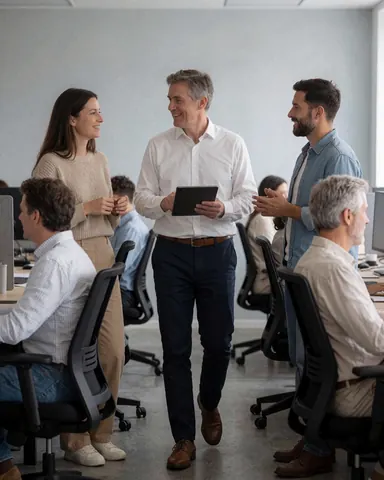 Un dirigeant traverse un espace de travail moderne avec une tablette, interagissant avec des collaborateurs assis et debout dans une ambiance dynamique.