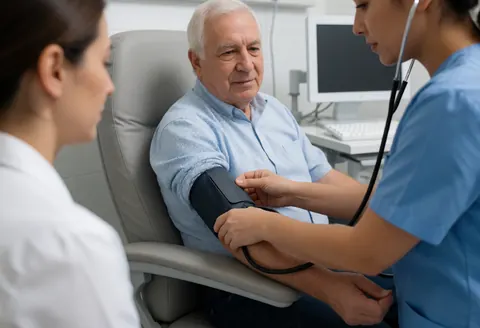 Une infirmière utilise un tensiomètre et un stéthoscope pour prendre la tension d'un patient assis dans une clinique professionnelle.