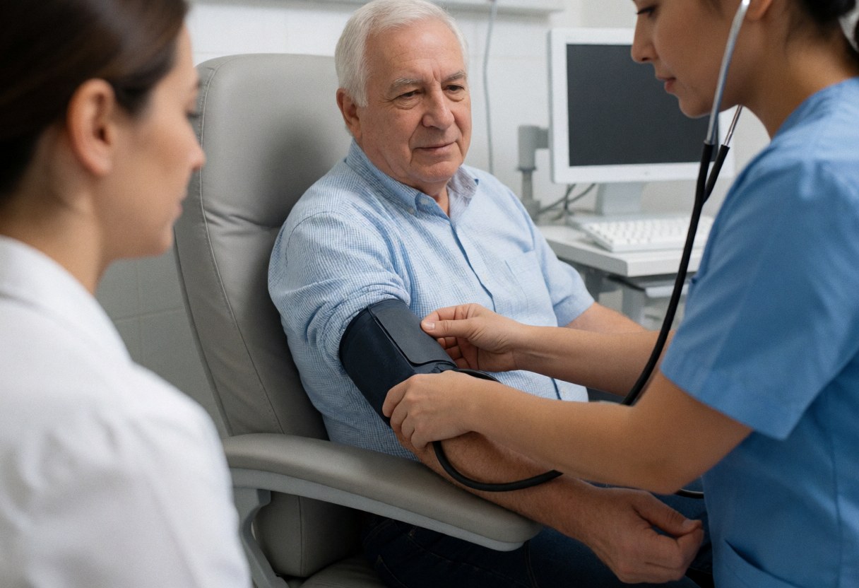 Une infirmière utilise un tensiomètre et un stéthoscope pour prendre la tension d'un patient assis dans une clinique professionnelle.