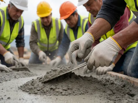 Des mains portant des gants de sécurité mélangent du béton à l'aide d'un malaxeur sur un chantier, avec des ouvriers en arrière-plan et de la poussière dans l'air.