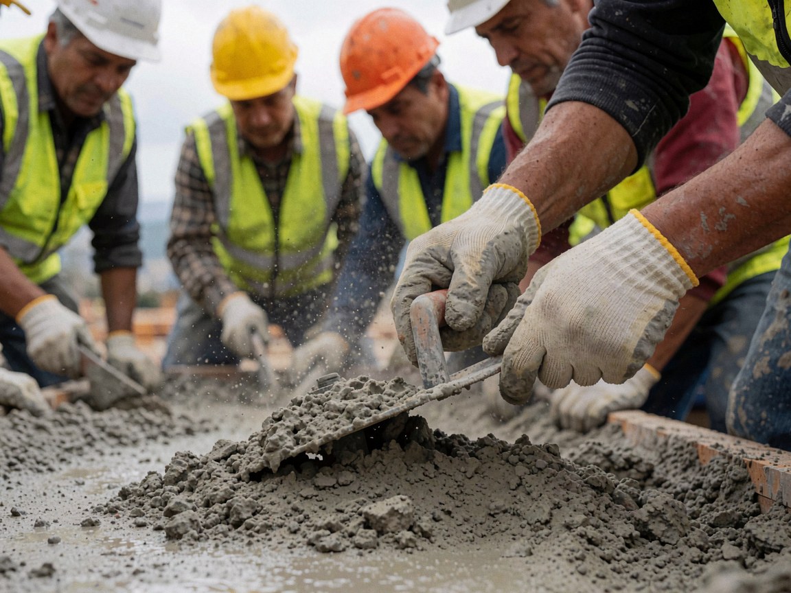 Des mains portant des gants de sécurité mélangent du béton à l'aide d'un malaxeur sur un chantier, avec des ouvriers en arrière-plan et de la poussière dans l'air.