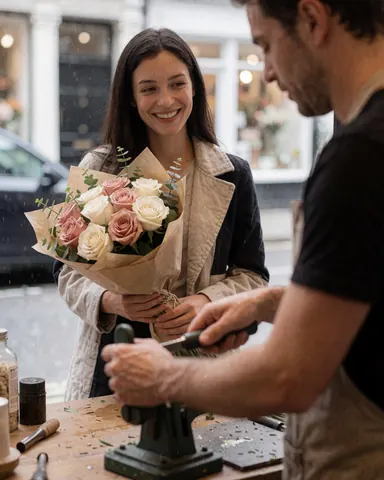 Une cliente heureuse reçoit son bouquet de roses dans une fleuristerie londonienne tandis que le fleuriste travaille en arrière-plan.