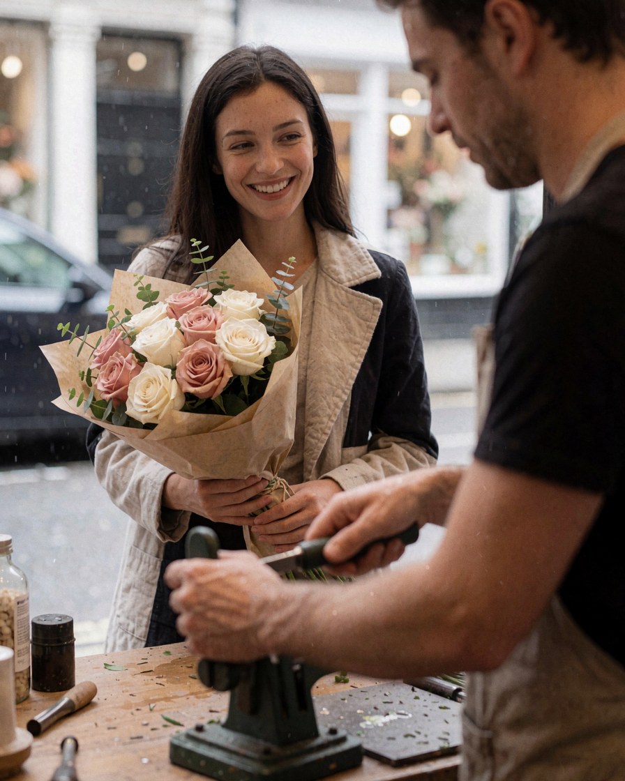 Une cliente heureuse reçoit son bouquet de roses dans une fleuristerie londonienne tandis que le fleuriste travaille en arrière-plan.