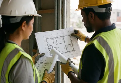 Un architecte en tenue de sécurité présente des plans techniques à un client sur un chantier de construction résidentiel.
