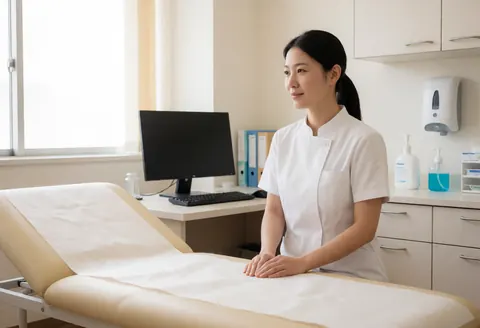 Un professionnel de santé dans une clinique avec lits, ordinateur, désinfectant et lumière naturelle, ambiance propre et professionnelle.