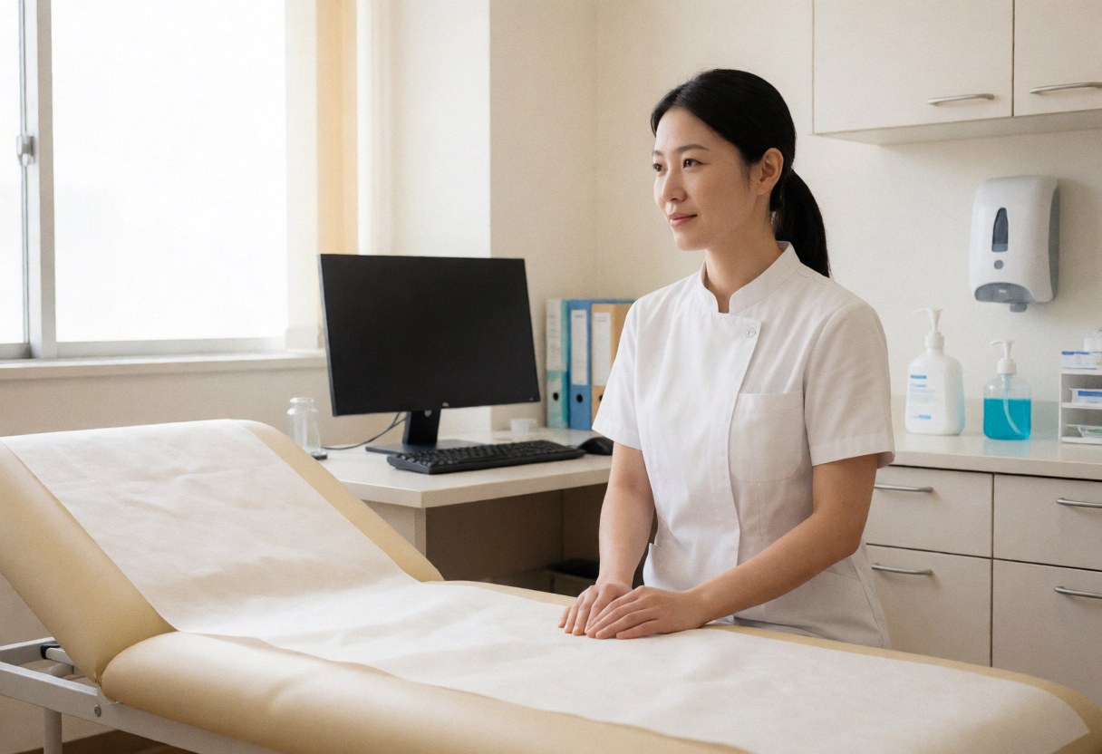 Un professionnel de santé dans une clinique avec lits, ordinateur, désinfectant et lumière naturelle, ambiance propre et professionnelle.