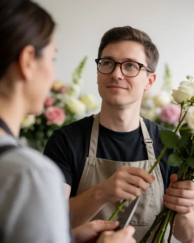 Un floriste portant des lunettes et un tablier taille les roses avec des ciseaux dans une fleuristerie au fond flou.