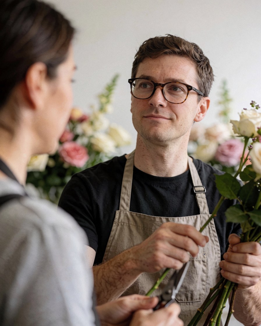 Un floriste portant des lunettes et un tablier taille les roses avec des ciseaux dans une fleuristerie au fond flou.