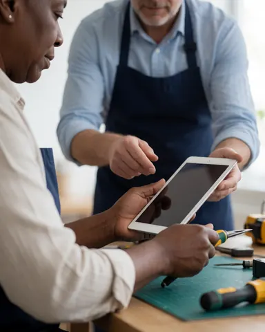 Un technicien de support informatique aide un client âgé avec une tablette sur une table. Des outils sont visibles, illustrant un service d'assistance technique en environnement professionnel.