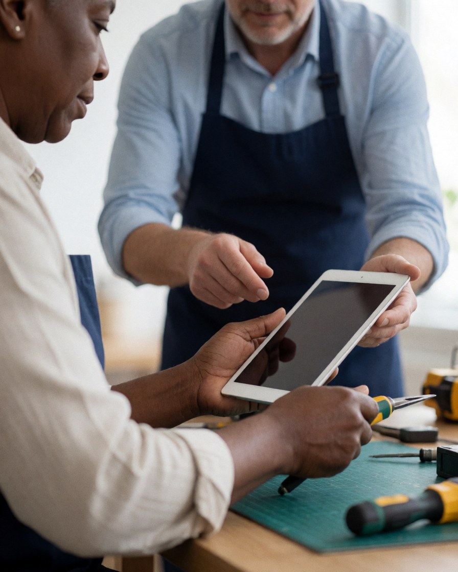 Un technicien de support informatique aide un client âgé avec une tablette sur une table. Des outils sont visibles, illustrant un service d'assistance technique en environnement professionnel.