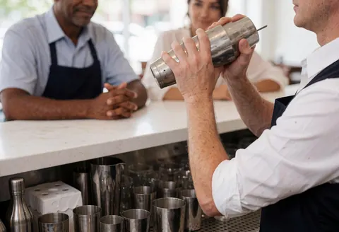 Mains du bartender en action préparant un cocktail avec un shaker, fond flou montrant des clients assis au bar.