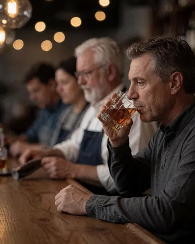 Un homme adulte savoure un whisky sec sur un comptoir en bois, baigné de lumières chaudes et d'un flou artistique en arrière-plan.
