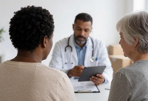 Un médecin avec un stéthoscope montre des données sur une tablette à deux patients assis dans un cabinet médical moderne.