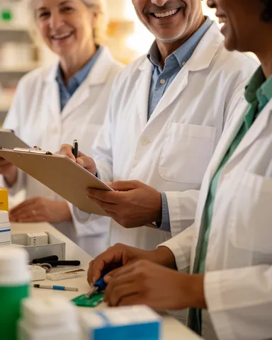Trois pharmaciens en tenue blanche collaborent dans une pharmacie professionnelle, l'un tenant un tableau et un stylo, un autre un outil et un produit.