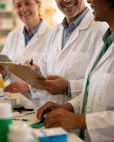 Trois pharmaciens en tenue blanche collaborent dans une pharmacie professionnelle, l'un tenant un tableau et un stylo, un autre un outil et un produit.