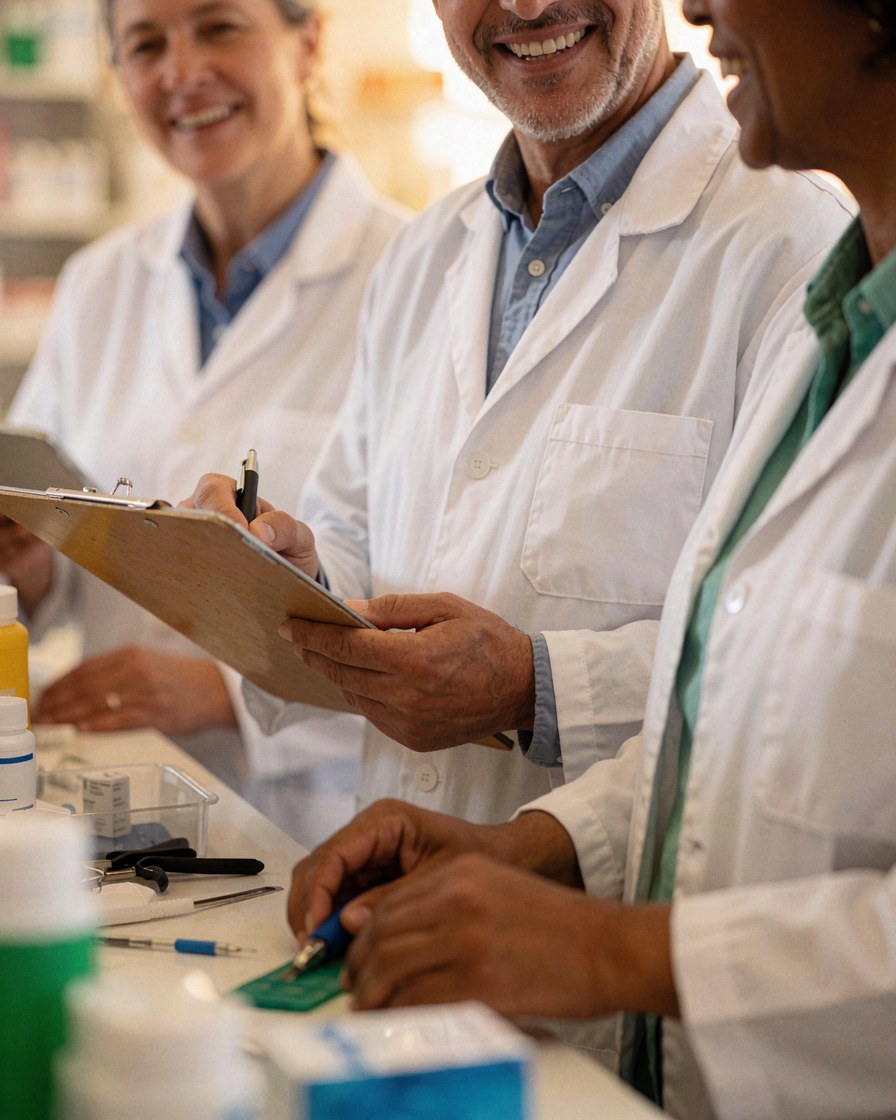 Trois pharmaciens en tenue blanche collaborent dans une pharmacie professionnelle, l'un tenant un tableau et un stylo, un autre un outil et un produit.