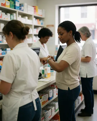Une cliente heureuse reçoit son ordonnance à la pharmacie, regardant sa montre pendant que le personnel l'accompagne près des étagères de produits.