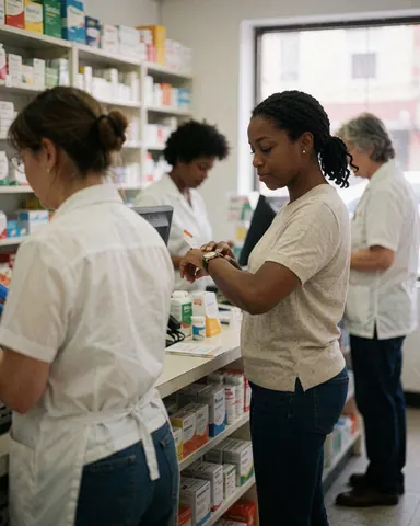 Une cliente heureuse reçoit son ordonnance à la pharmacie, regardant sa montre pendant que le personnel l'accompagne près des étagères de produits.