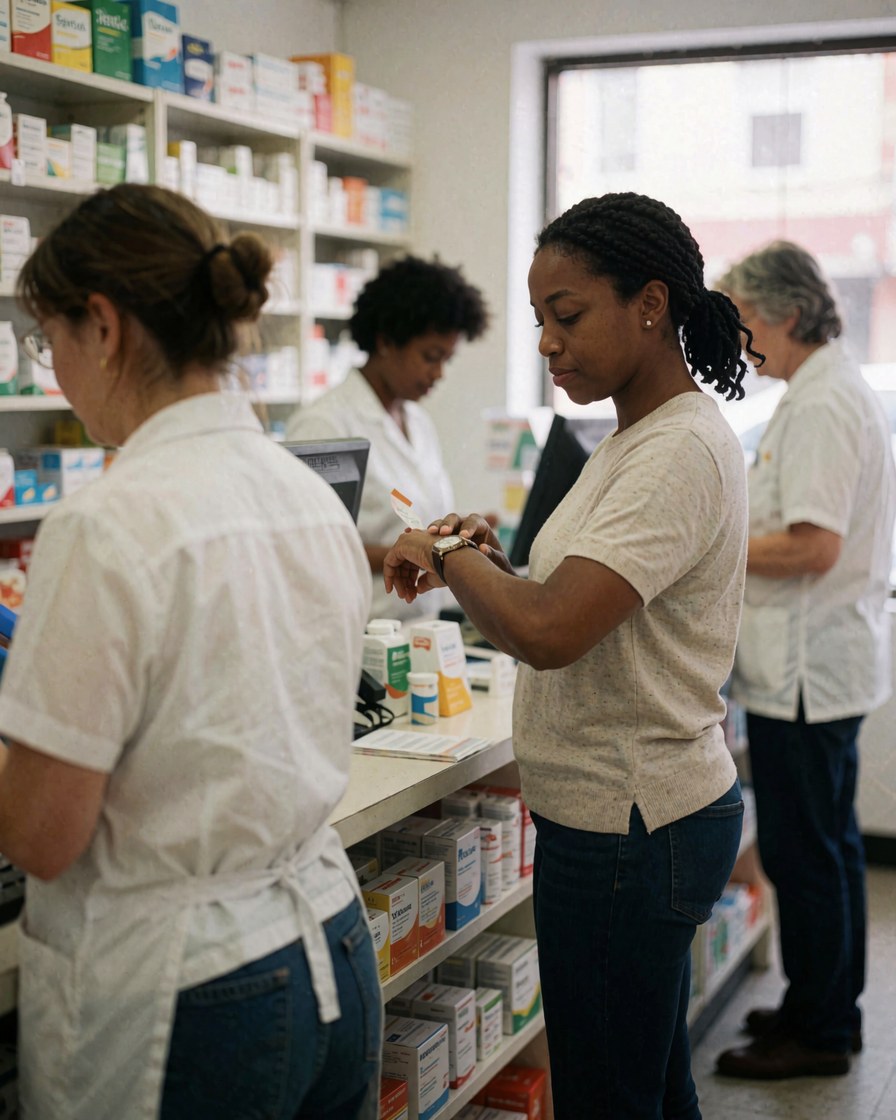 Une cliente heureuse reçoit son ordonnance à la pharmacie, regardant sa montre pendant que le personnel l'accompagne près des étagères de produits.